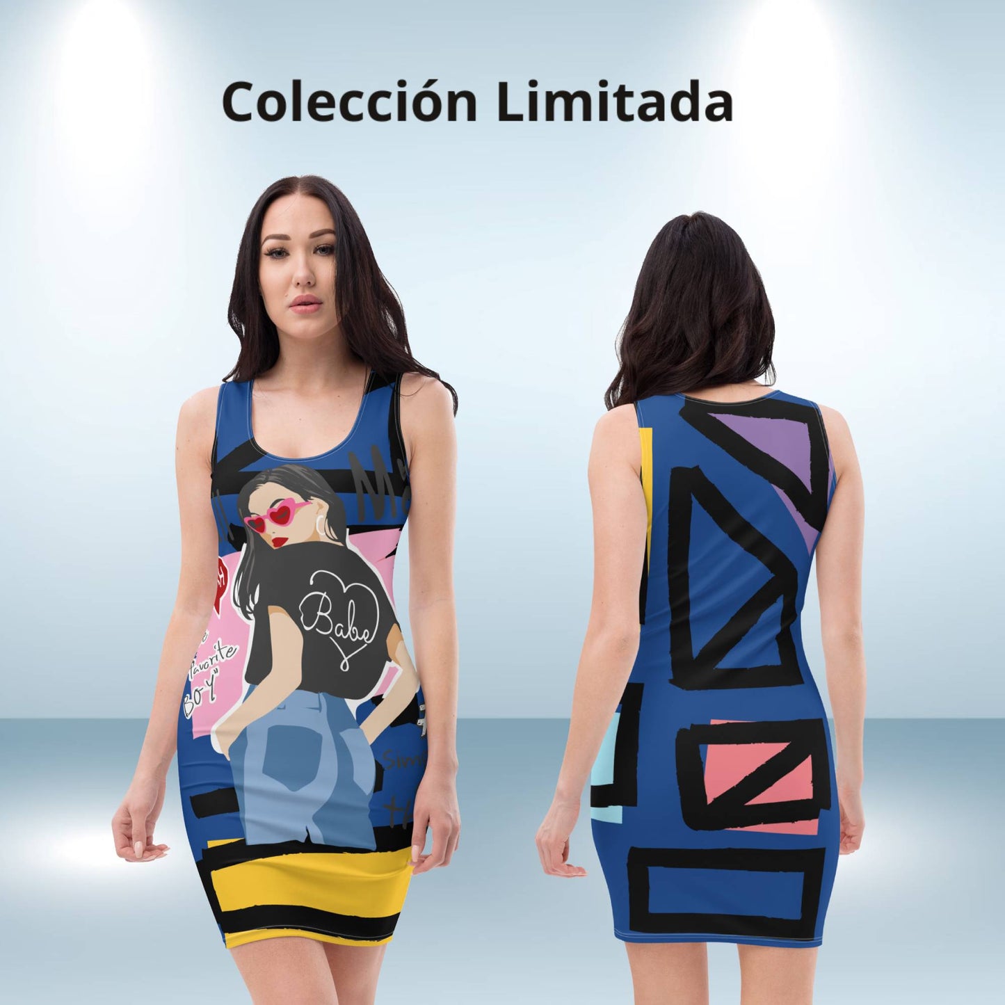 Blaues psychedelisches, figurbetontes Kleid