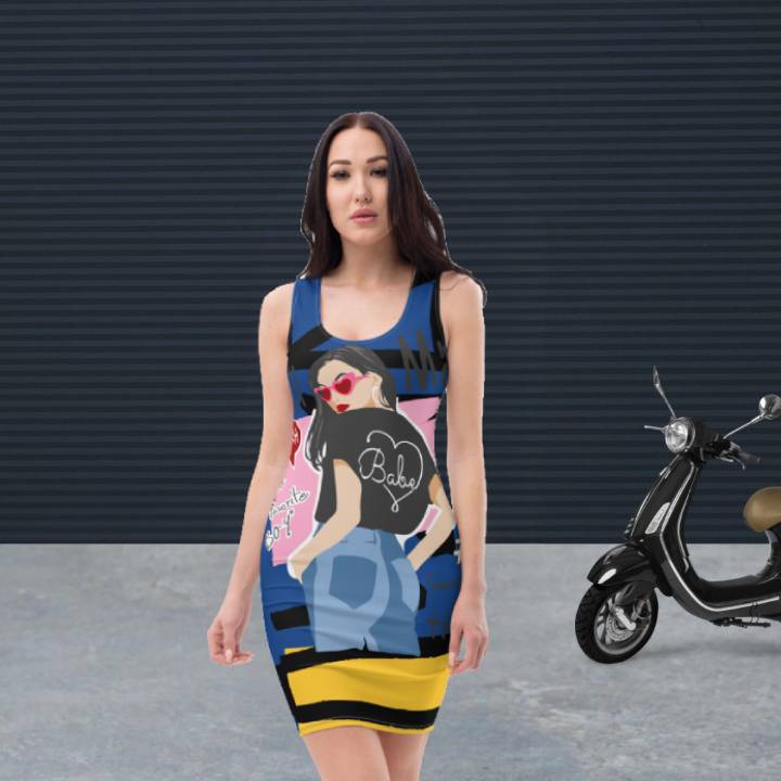 Blaues psychedelisches, figurbetontes Kleid